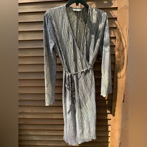 CDC vintage wrap dress modern boho LS black grey lined design NWOT